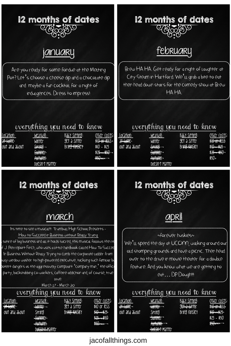 12 months of dates is the perfect date night gift idea for your husband, wife, boyfriend, or girlfriend. Put together a year of dates for ongoing fun activities to enjoy with your special someone. A great present for your anniversary, Christmas, Valentine’s Day, Birthday, or just because.