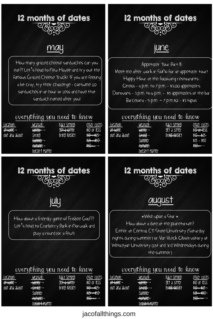 12 months of dates is the perfect date night gift idea for your husband, wife, boyfriend, or girlfriend. Put together a year of dates for ongoing fun activities to enjoy with your special someone. A great present for your anniversary, Christmas, Valentine’s Day, Birthday, or just because.