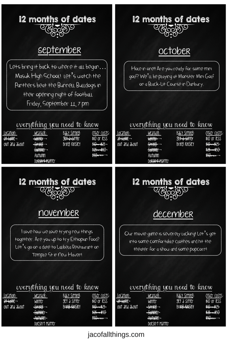 12 months of dates is the perfect date night gift idea for your husband, wife, boyfriend, or girlfriend. Put together a year of dates for ongoing fun activities to enjoy with your special someone. A great present for your anniversary, Christmas, Valentine’s Day, Birthday, or just because.