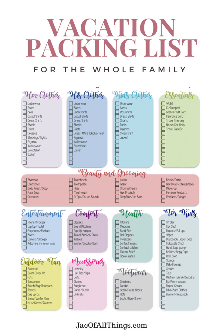 Vacation Packing Tips for the whole family! Follow this ultimate vacation packing list for the whole family to make packing easier! Be organized during your next trip and use this free printable checklist. (For men, women, kids, toddlers, and babies.) Read more to access your packing list and learn packing tips, travel tips, and ideas to make packing easy.