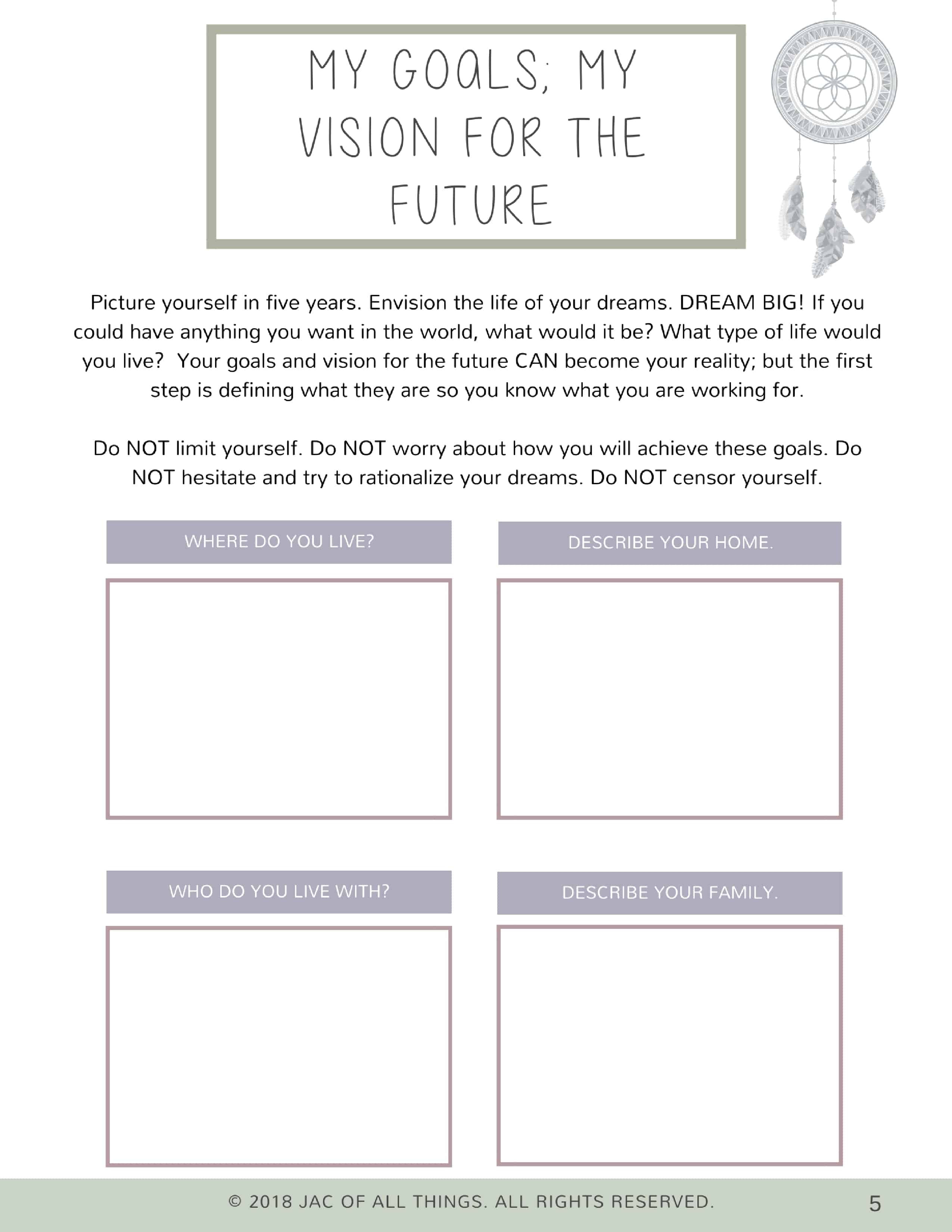 Turn your goals into reality! Access your free goal setting worksheets for adults now! Learn how to set goals for all areas of your life and tips to achieve your goals. Simple free printable goal setting template for 20 areas of your life (personal, financial, career and more.) Use this planner to identify your goals and ideas, learn more about yourself and track progress. Think about where you want to be in five years and make a five-year plan that will actually come true. 