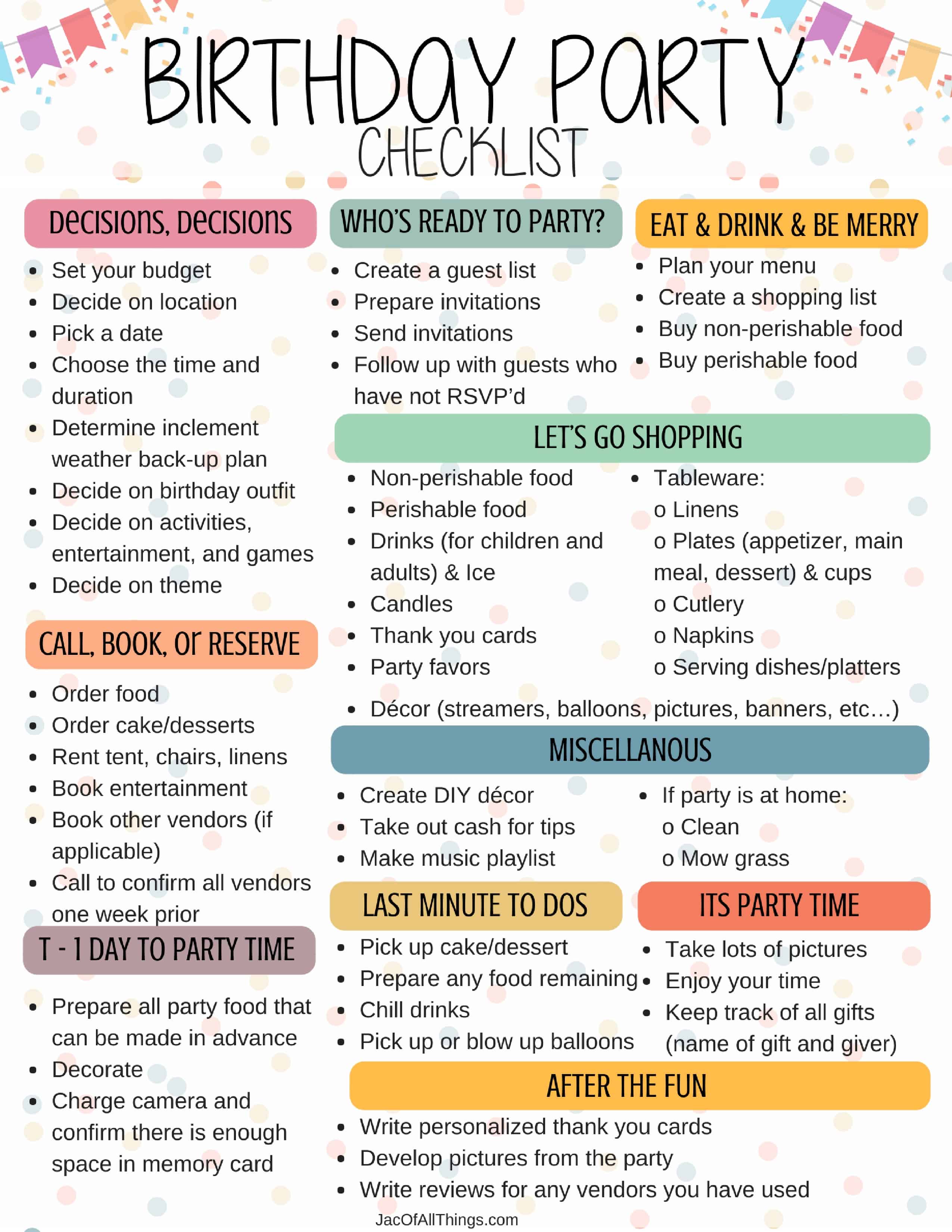 How to plan a birthday party checklist with free printable party planning worksheet. This complete party planning guide will walk you through party planning tips, party planning timeline, and make the planning process as stress-free as possible. The ultimate template on how to plan a birthday party for children/kids at home (to print). Perfect for planners!