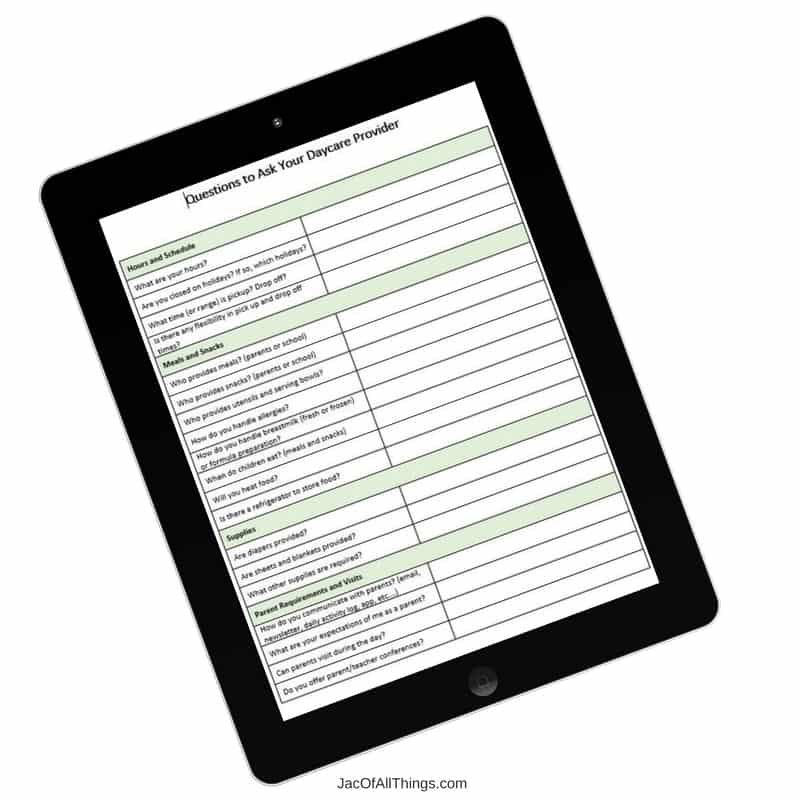 Choosing the right child care provider is an important task! Read on to learn the top questions to ask your potential daycare provider/childcare provide to ensure your child is in the best hands. This complete checklist for choosing a daycare covers all of the top questions you should ask when interviewing and touring a school and child care provider. Make sure your baby, infant, or toddler is in good hands while at daycare/preschool. Use this ultimate checklist to choose the perfect daycare.