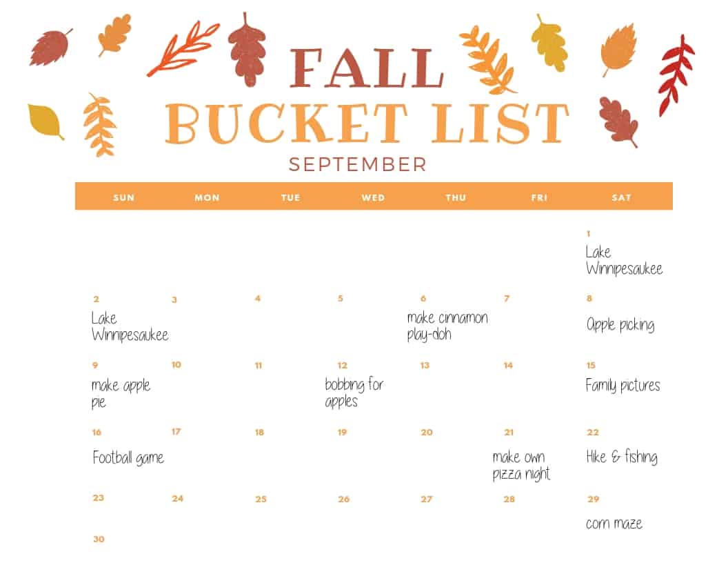 Our family's fall bucket list calendar. Having a fall bucket list is a great first step to take, but you need to plan your activities out to put them into action