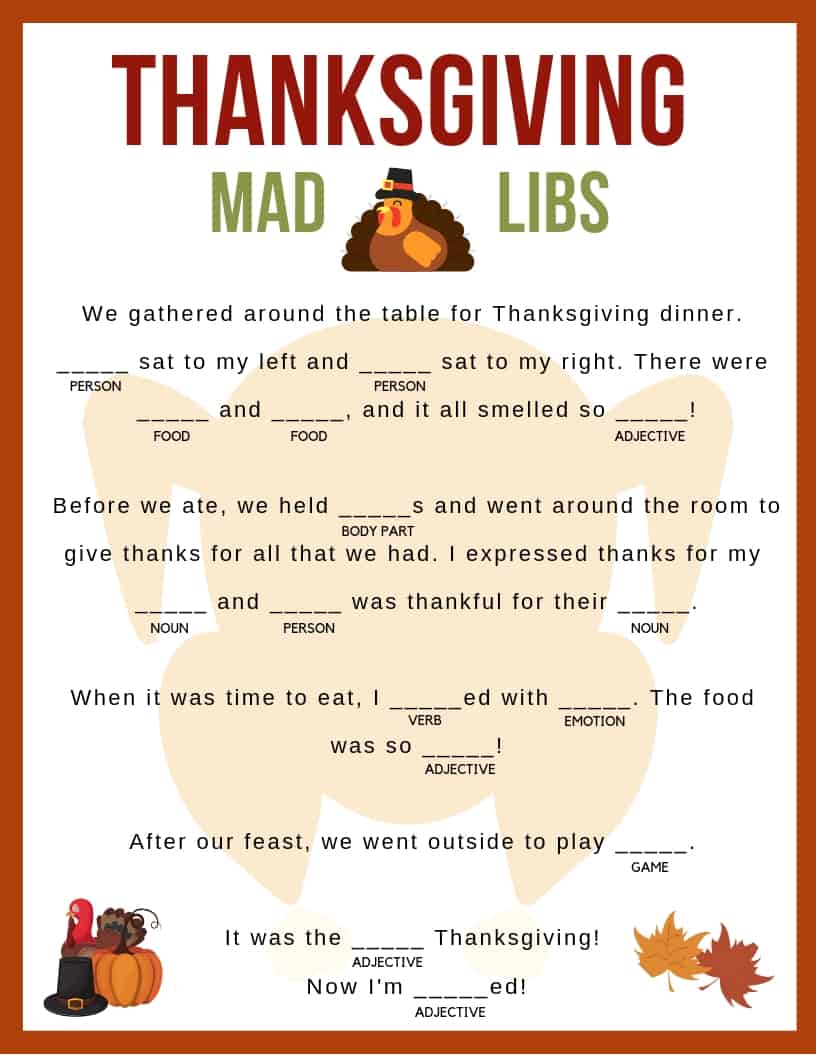 Download your free printable Thanksgiving Mad Libs! Kids and adults of all ages can enjoy!