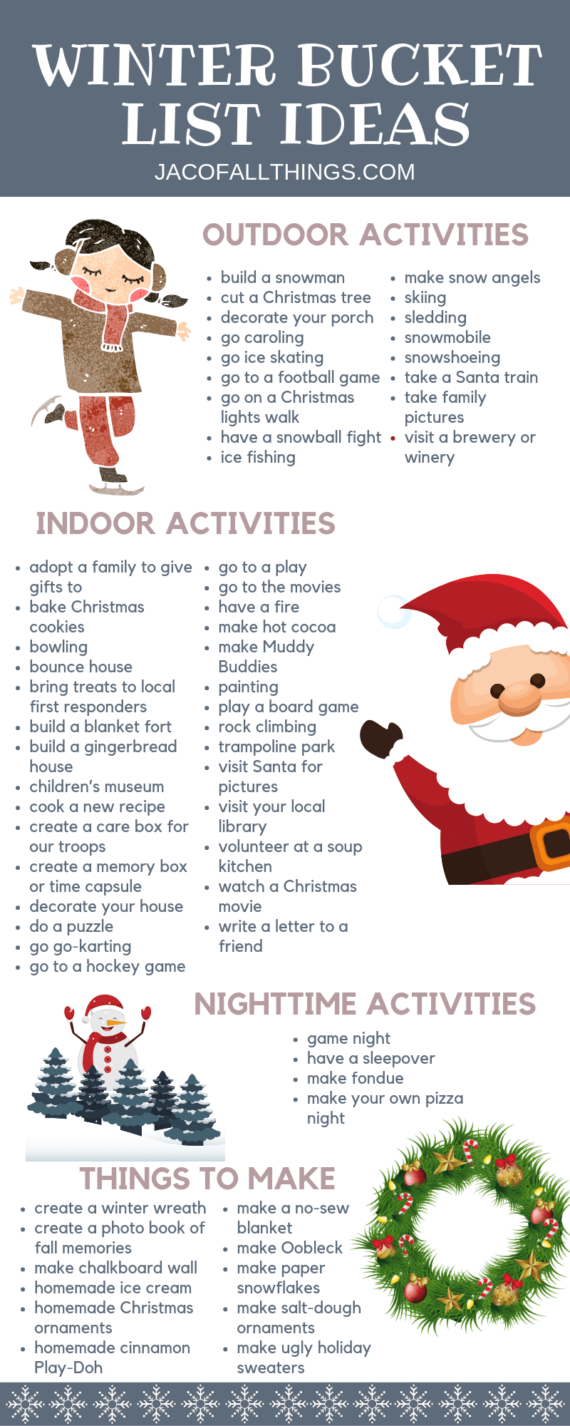 Have fun with your family this winter with these winter activities! Use these indoor and outdoor winter activity ideas to create your family winter bucket list! #winter #winteractivities #winterbucketlist