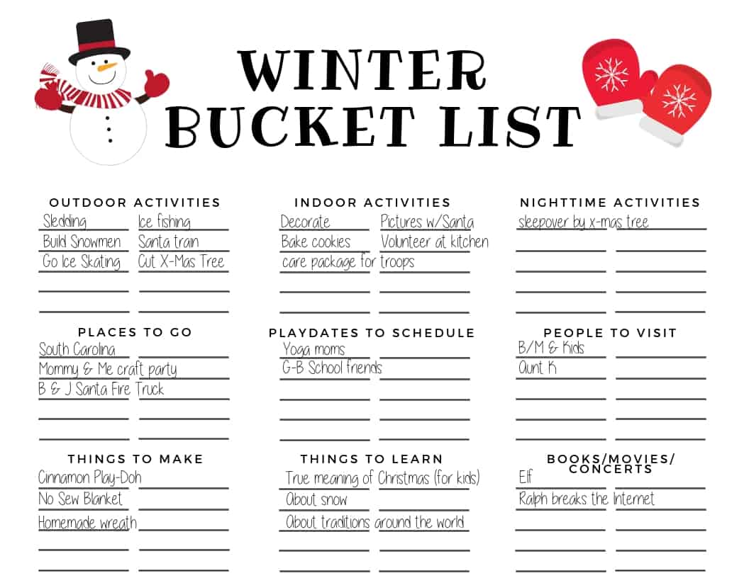 Our family's winter bucket list. For more ideas and to create your own winter bucket list, read the post! It includes winter activities for the whole family (including both indoor and outdoor activities) and access to your free winter bucket list printable. #winter #winterbucketlist #winteractivities