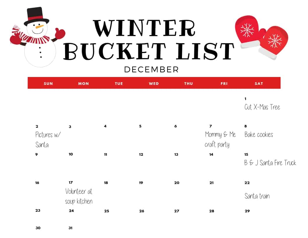 Create a Winter Bucket list to keep track of all of the winter activities that you want to do with your family this year. Includes plenty of ideas for indoor and outdoor winter activities! #winter #winterbucketlist #winteractivities