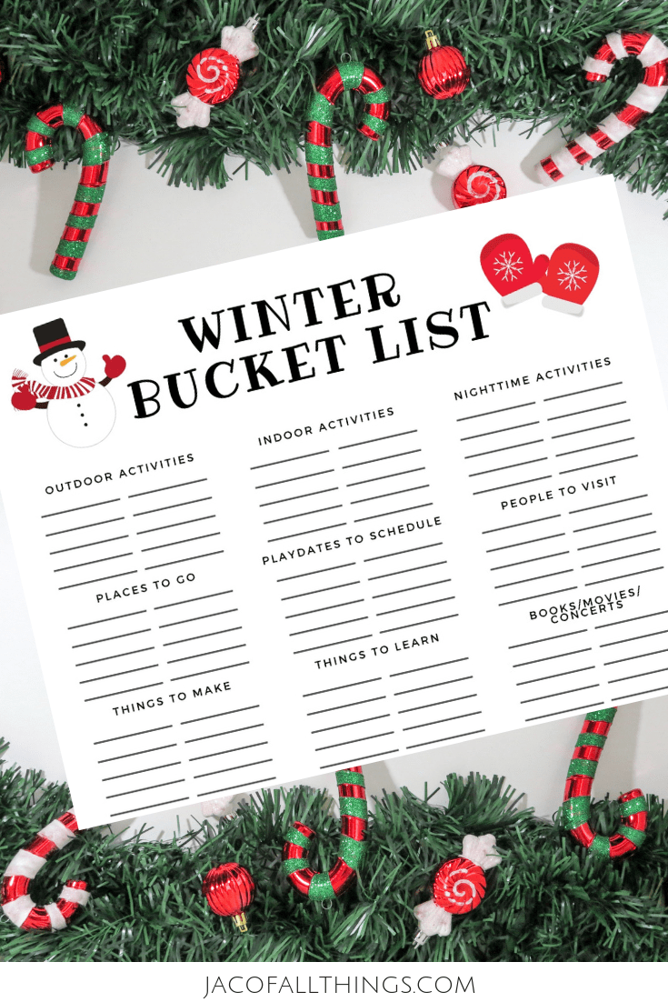 Plan out your winter bucket list with this free printable. Keep track of the activities you want to do in the winter with your kids or your whole family. Read more for why you should have a winter bucket list and ideas and indoor and outdoor activities to include. #winterbucketlist #winteractivities #winter
