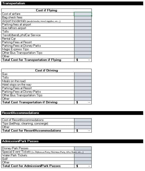 excel disney travel budget planner template