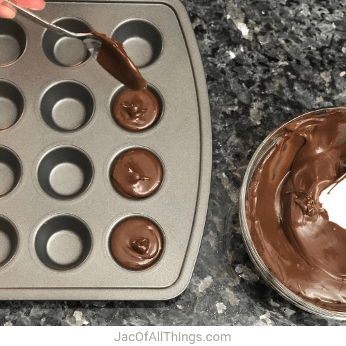 To make hot chocolate on a stick, scoop your melted chocolate into mini muffin trays.