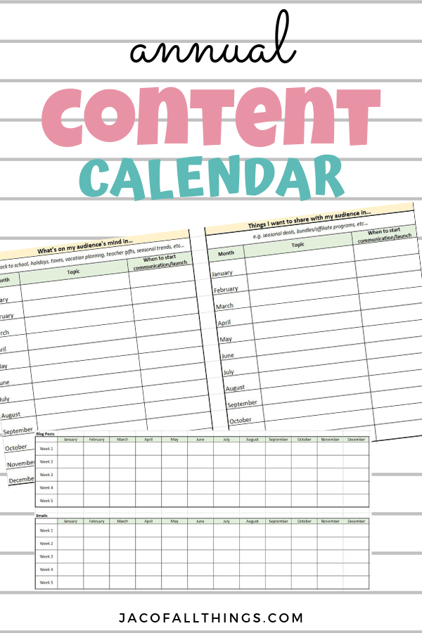 Use this guide to create your annual content calendar! Plan out in advance all of your content and materials for blog posts, emails, social media, and more!