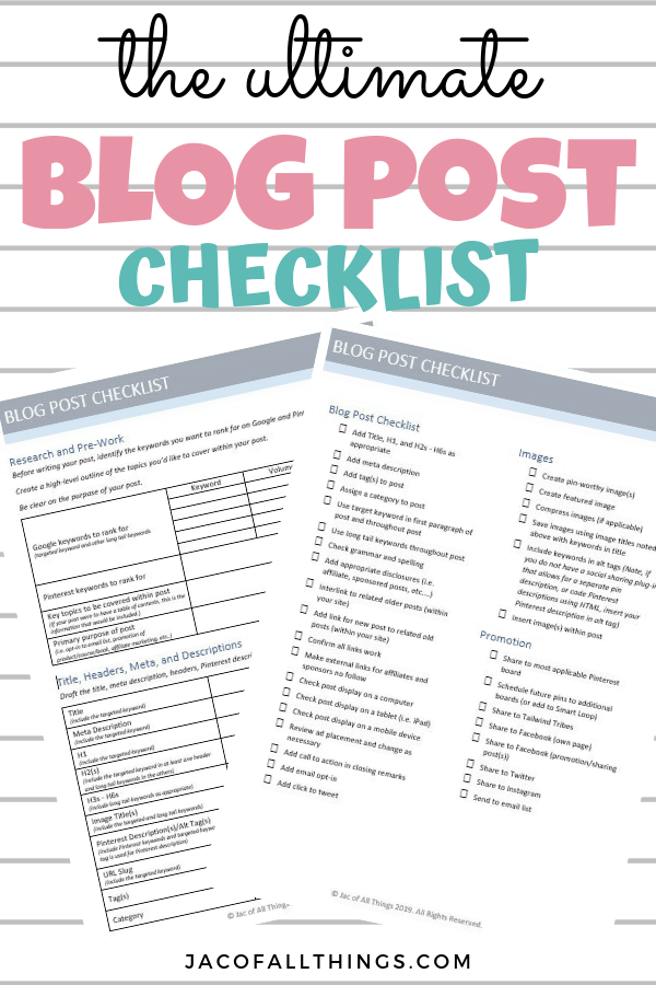 This is the ultimate blog post checklist that you need to review before each new post. Printable and can be used over and over again! Covers everything from SEO to image optimization to keywording and social media promotion. All the things you need to do! #blogpostchecklist #bloggingresources