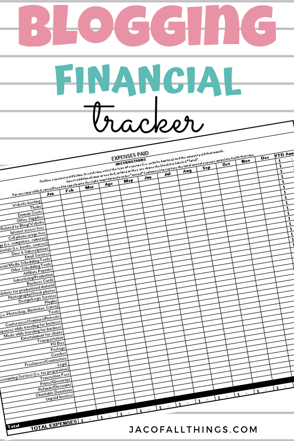 A must have for every blogger! Use this financial tracker to keep track of your revenue and expenses through the year. Especially useful for tax time! #bloggingresources #bloggingtracker