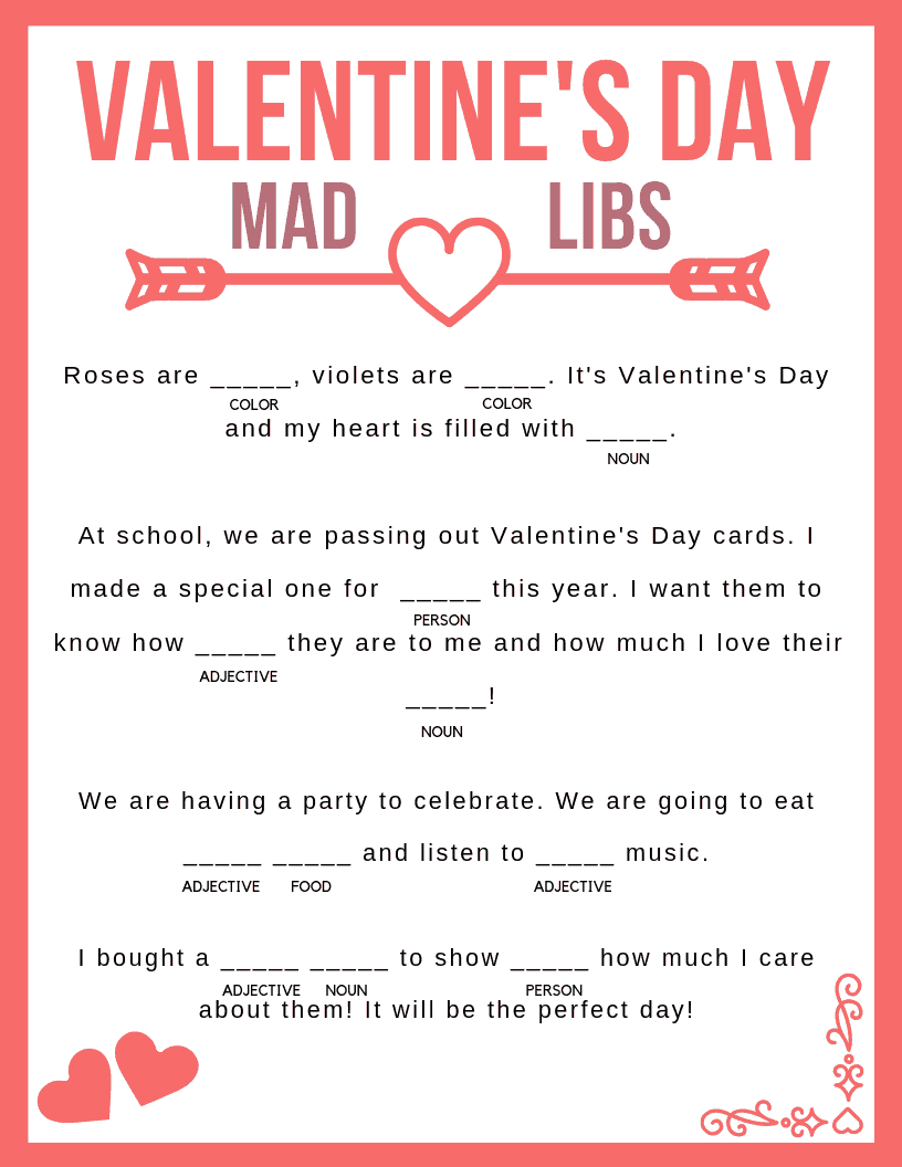 This Valentine's Day Mad Libs is fun for the whole family! Download your free printable today! A perfect Valentine's Day activity for kids to do in school or at home! #valentinesday #valentinesdayprintables