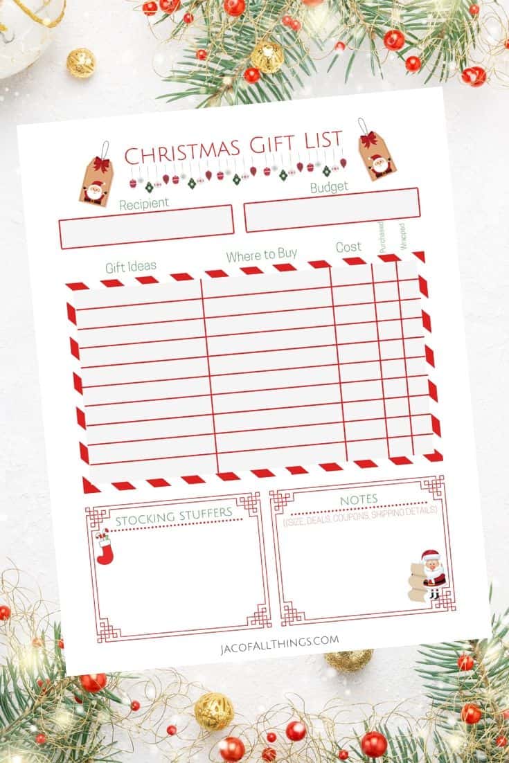 Use this free Christmas gift list printable to keep track of your Christmas gift purchases. Track gift ideas and requests, where to buy gifts, your budget, and more! #christmasgiftlist #christmasgifts
